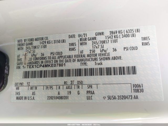 2021 FORD F-150 1FTEX1CP4MKE07801 Photo 8