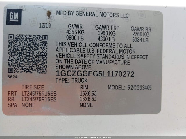 1GCZGGFG5L1170272 Chevrolet l96 - engine flexible fuel, iron