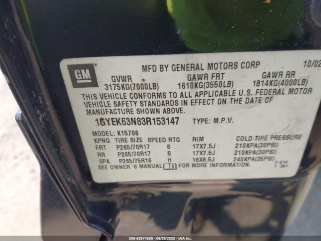 2003 CADILLAC ESCALADE 1GYEK63N83R153147 Photo 8