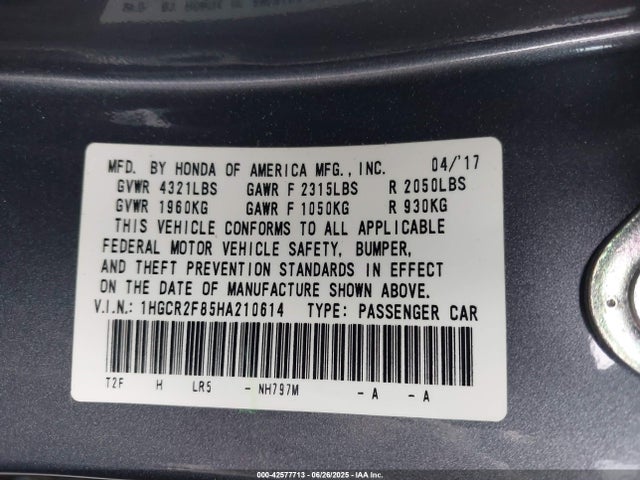 1HGCR2F85HA210614 Honda k24w1