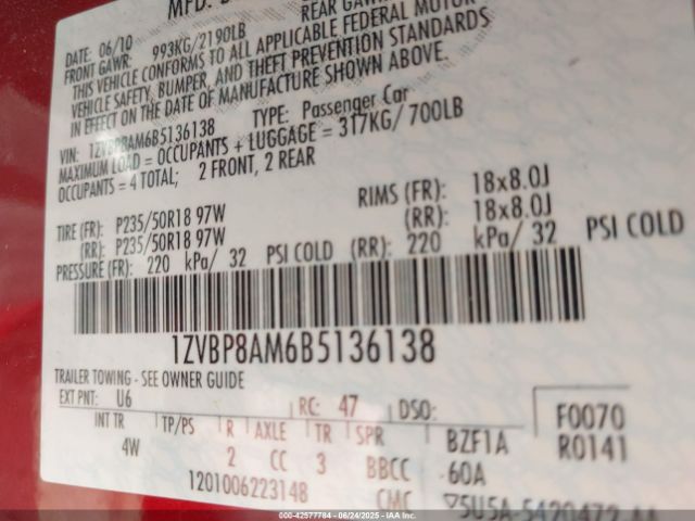 2011 FORD MUSTANG 1ZVBP8AM6B5136138 Photo 8