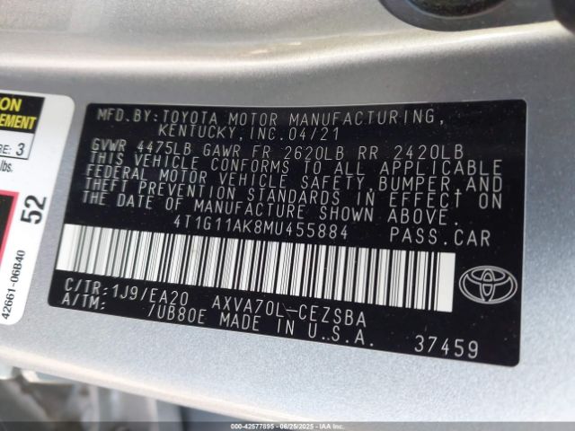 2021 TOYOTA CAMRY 4T1G11AK8MU455884 Photo 8