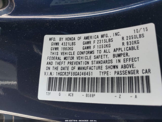 1HGCR2F59GA046451 Honda k24w1