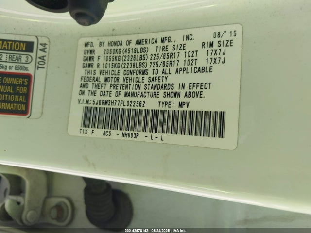 Honda k24w9 2015 5J6RM3H77FL022562 Image 9