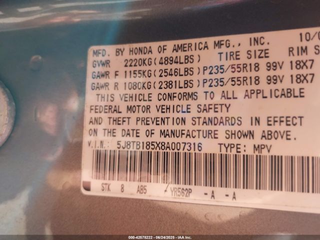 2008 ACURA RDX 5J8TB185X8A007316 Photo 8