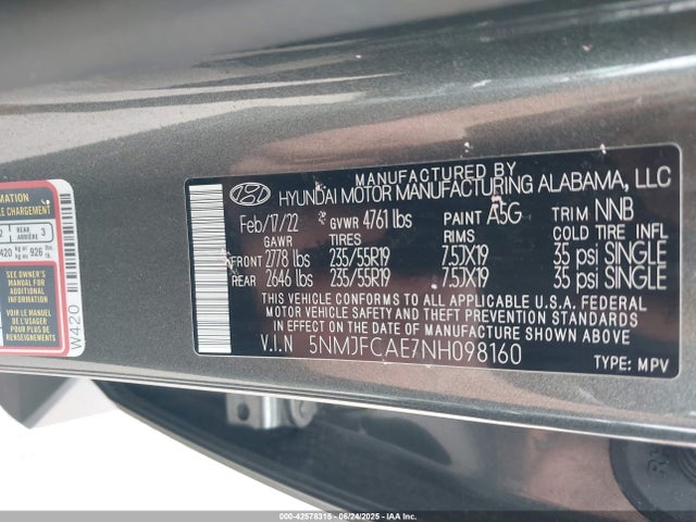 5NMJFCAE7NH098160 Hyundai gdi theta iii