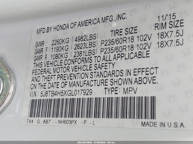 Acura j35z2 2016 5J8TB4H5XGL017929 Image 9