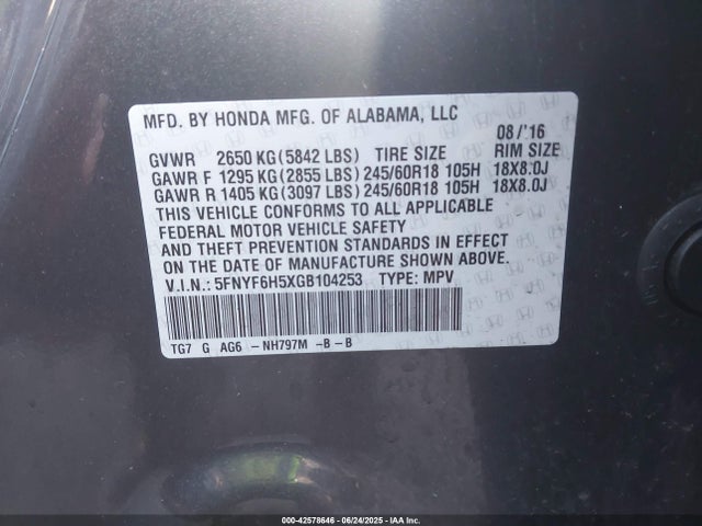 5FNYF6H5XGB104253 Honda j35y6