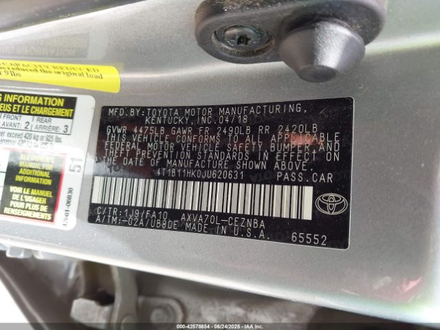 2018 TOYOTA CAMRY 4T1B11HK0JU620631 Photo 8