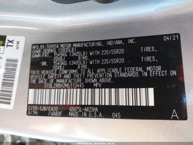 2021 TOYOTA HIGHLANDER 5TDLZRBH2MS113445 Photo 8