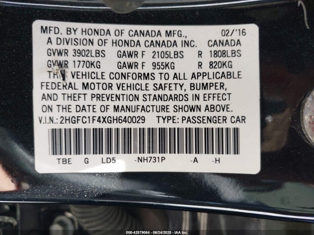 2HGFC1F4XGH640029 Honda l15b7