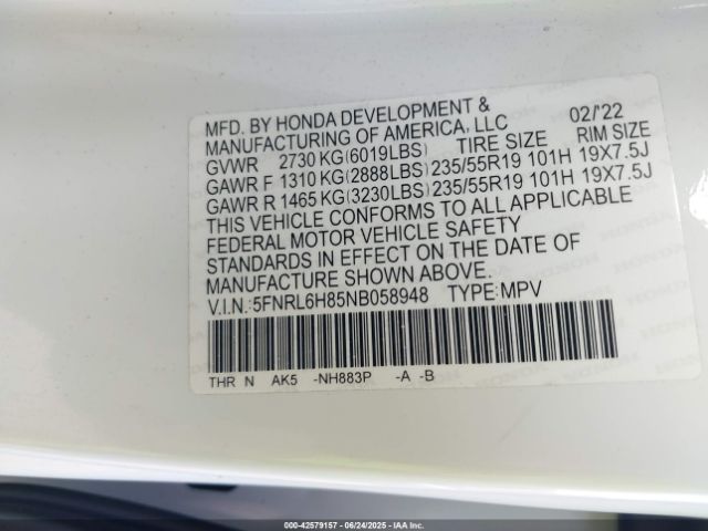 2022 HONDA ODYSSEY 5FNRL6H85NB058948 Photo 8