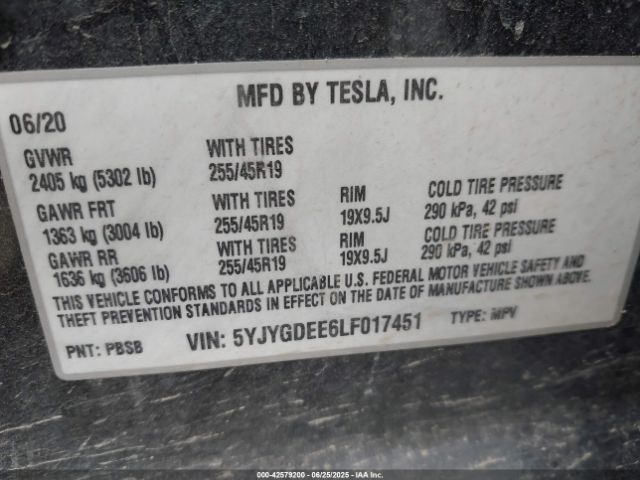 2020 TESLA MODEL Y 5YJYGDEE6LF017451 Photo 8