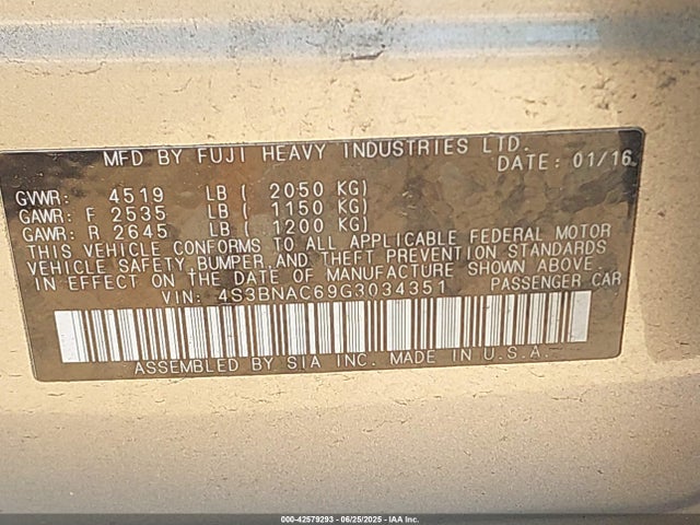 4S3BNAC69G3034351 Subaru 2.5l u5