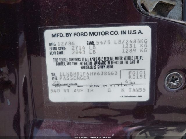 1987 LINCOLN TOWN CAR 1LNBM81F6HY678663 Photo 8