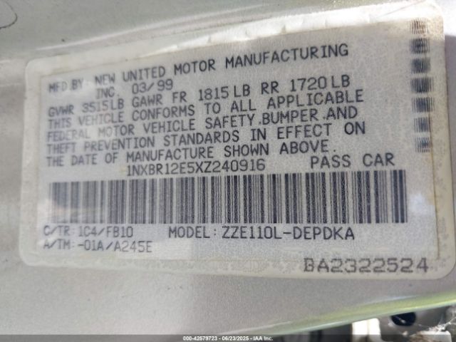 1999 TOYOTA COROLLA 1NXBR12E5XZ240916 Photo 8