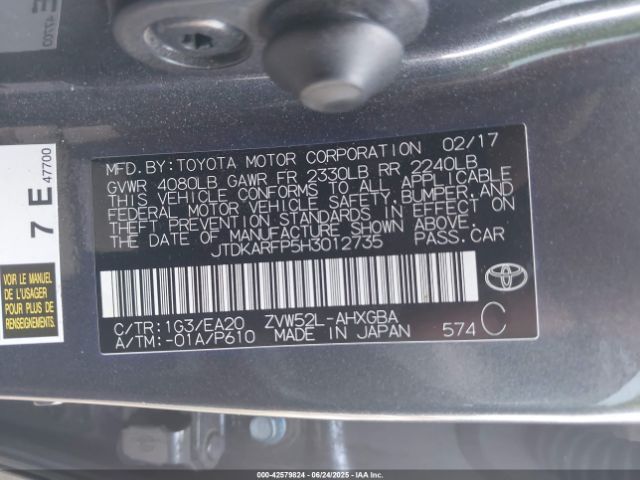 JTDKARFP5H3012735 Toyota 2zr-fxe+1nm