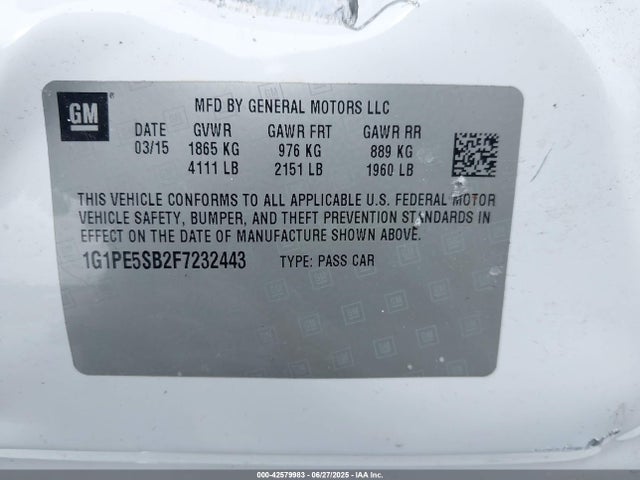 42579983 :رقم المزاد ، 1G1PE5SB2F7232443 vin ، 2015 Chevrolet Cruze 2lt Auto مزاد بيع