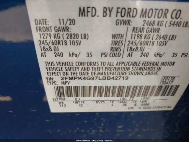 2FMPK4G97LBB42719 Ford 2.0l gtdi w/premium fuel