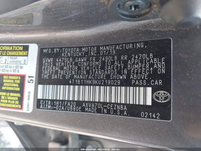 2019 TOYOTA CAMRY 4T1B11HK9KU219029 Photo 8