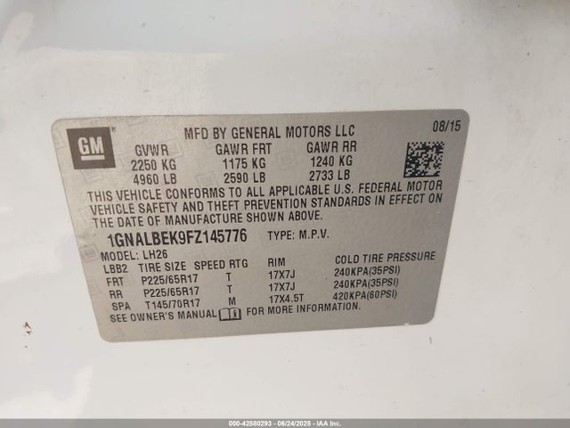 1GNALBEK9FZ145776 Chevrolet lea - flex fuel (gas/alc), aluminum, ho,