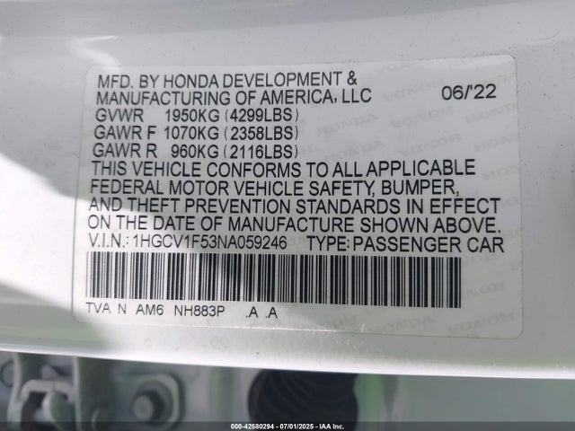 1HGCV1F53NA059246 Honda l15be