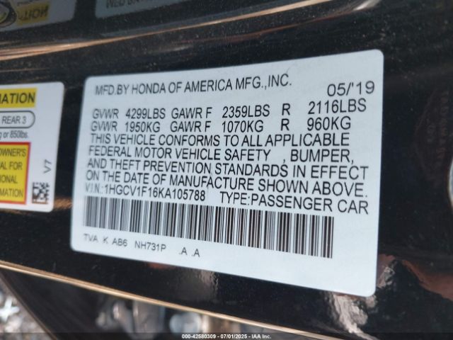 2019 HONDA ACCORD 1HGCV1F16KA105788 Photo 8