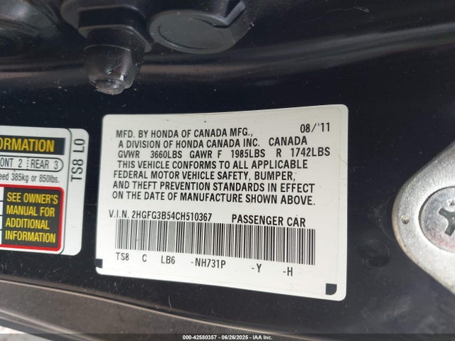 2012 Honda Civic Lx მანქანა იყიდება აუქციონზე, vin: 2HGFG3B54CH510367, აუქციონის ნომერი: 42580357