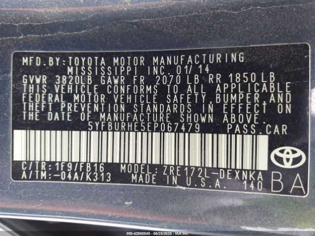 5YFBURHE5EP067479 Toyota 2zr-fe
