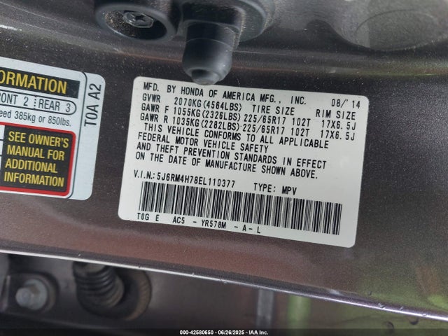 Honda k24z7 2014 5J6RM4H78EL110377 Image 9