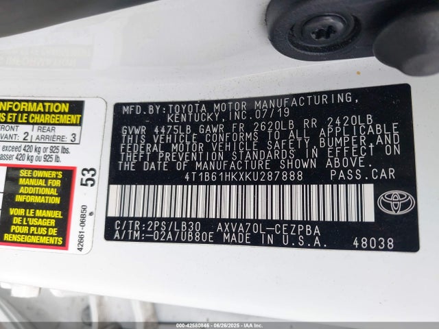 4T1B61HKXKU287888 Toyota a25a-fks