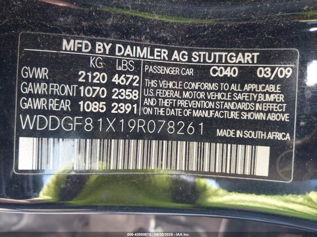 42580874 :رقم المزاد ، WDDGF81X19R078261 vin ، 2009 Mercedes-benz C 300 Luxury 4matic/sport 4matic مزاد بيع