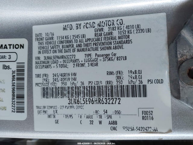 3LN6L5E96HR632272 Lincoln 2.0l gtdi high w/premium fuel