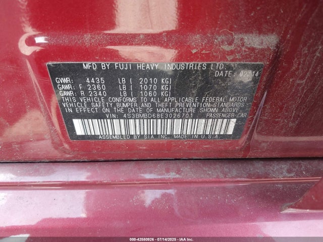 4S3BMBD68E3026701 Subaru 2.5na u5