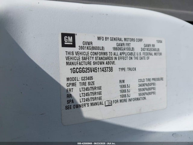 Aukcja sprzedaży 2005 Chevrolet Express, vin: 1GCGG25V451143738, numer aukcji: 42580969