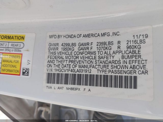2020 HONDA ACCORD 1HGCV1F40LA031912 Photo 8