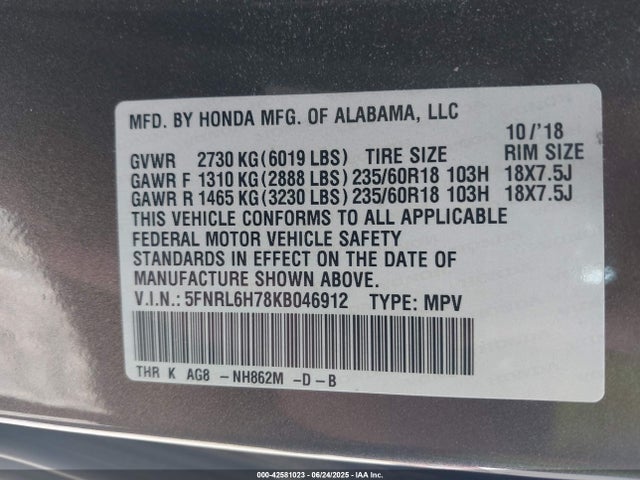 5FNRL6H78KB046912 Honda j35y7