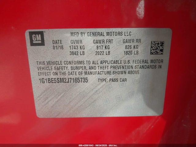 Chevrolet le2 -di: direct injection, vvt: variable valve timing, gen, alum 2018 1G1BE5SM2J7165735 Image 9