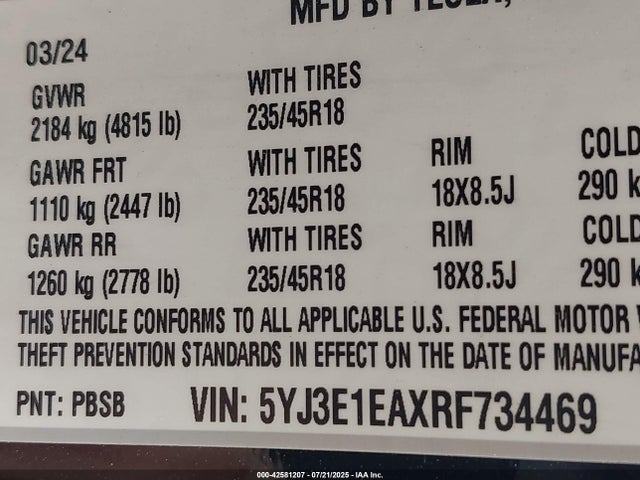 2024 TESLA MODEL 3 5YJ3E1EAXRF734469 Photo 8