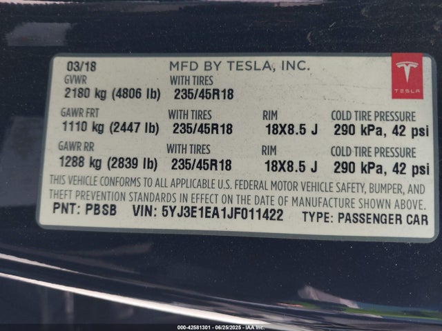2018 TESLA MODEL 3 5YJ3E1EA1JF011422 Photo 8