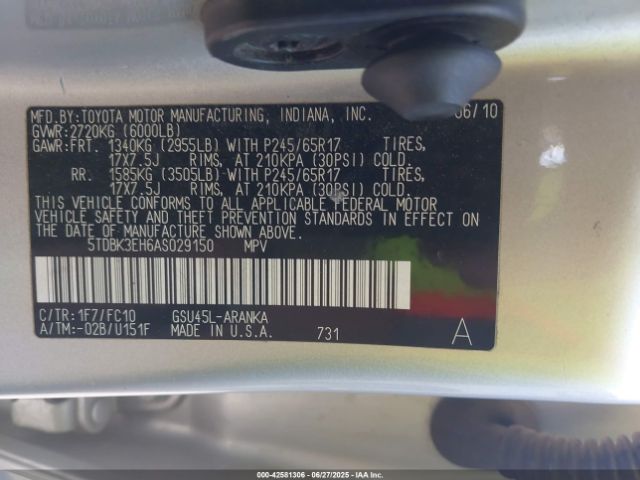 2010 TOYOTA HIGHLANDER 5TDBK3EH6AS029150 Photo 8