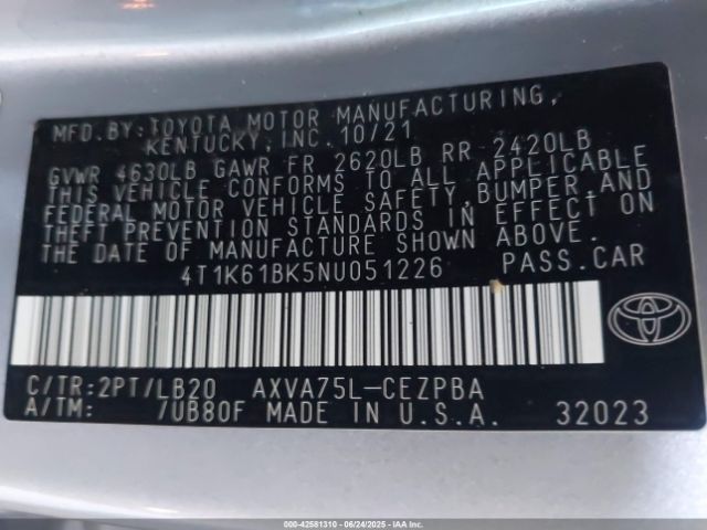 2022 TOYOTA CAMRY 4T1K61BK5NU051226 Photo 8