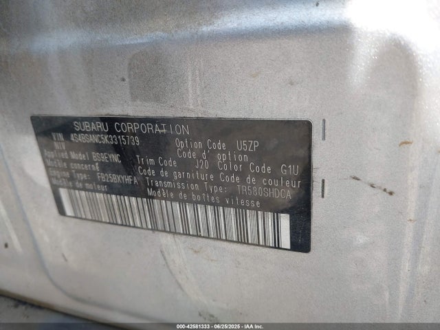 Subaru na u5 2019 4S4BSANC5K3315739 Image 9