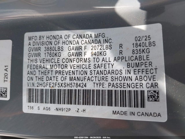 Honda k20c9 2025 2HGFE2F5XSH578424 Image 9