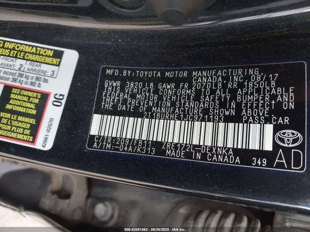 2T1BURHE1JC971193 Toyota 2zr-fe