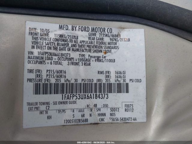 2006 FORD TAURUS 1FAFP53UX6A184373 Photo 8