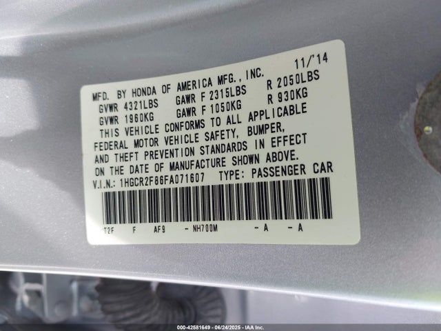 Honda k24w1 2015 1HGCR2F86FA071607 Image 9