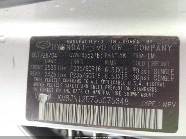 2005 HYUNDAI TUCSON KM8JN12D75U075348 Photo 8