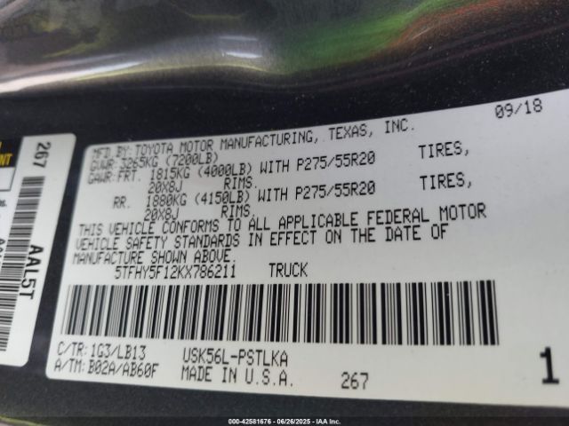 2019 TOYOTA TUNDRA 5TFHY5F12KX786211 Photo 8
