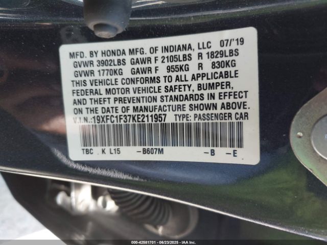 2019 HONDA CIVIC 19XFC1F37KE211957 Photo 8